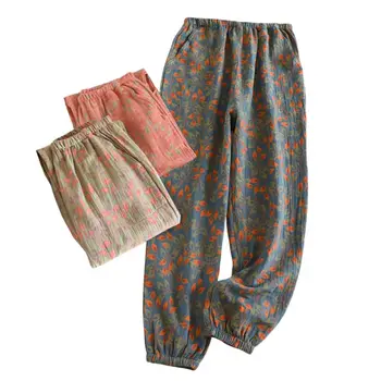 Хлопковые брюки Женские Весенне-летние из тонкого хлопка, свободные, повседневные, можно носить снаружи, Мягкие брюки с цветочным принтом, нижнее белье для сна.