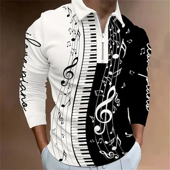 Летняя мужская рубашка поло с длинным рукавом с 3D-принтом Музыкальных нот, Забавные рубашки поло, топы Оверсайз, тройники, Дизайнерская одежда