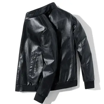 Осенне-зимняя мужская мотоциклетная куртка, однотонные куртки из искусственной кожи со стоячим воротником, мужские повседневные байкерские пальто, верхняя одежда на молнии