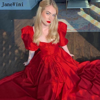 JaneVini Очаровательные красные атласные длинные платья для выпускного вечера с короткими пышными рукавами, с разрезом и открытой спиной, коктейльное платье трапециевидной формы длиной до щиколоток, Robe De Gala