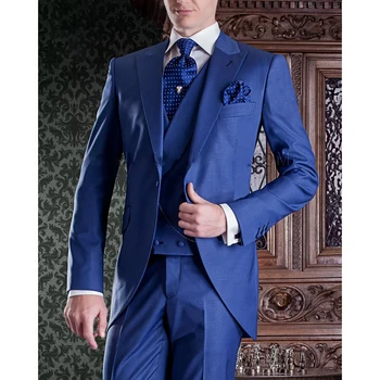 Синяя мужская одежда Костюмы Смокинг Элегантная Официальная куртка-тройка Брюки Жилет Однобортный Костюм с отворотом Homme