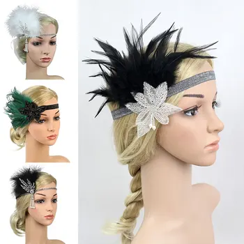 Головной убор 1920-х годов, повязка на голову со стразами и перламутровыми перьями, аксессуары для женских головных уборов Great Gatsby
