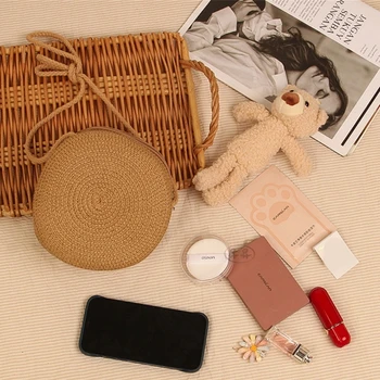 Сумка из соломы, сумка ручной работы, однотонные круглые сумки через плечо для девочки, пляжная сумка, сумка для мобильного телефона большой емкости.