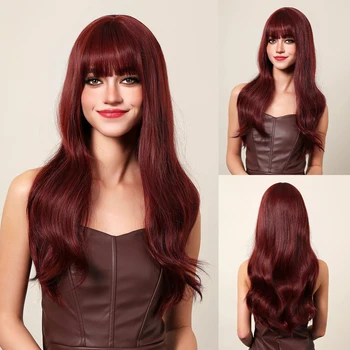Длинные Свободные волнистые парики на каждый день с челкой, Красные, красочные, Рождественские, мягкие парики для женщин, натуральные, для вечеринок Используются синтетические волосы, термостойкие