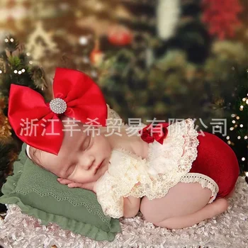 Набор для рождественской фотосъемки новорожденных, детская повязка для волос с бабочкой из страз, кружевной набор для фотосъемки Harper, комплект реквизита для фотосъемки из 2 частей