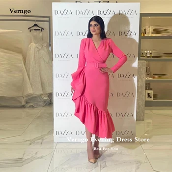 Verngo Скромные розовые платья для выпускного вечера в стиле русалки с длинными рукавами в Дубае, арабские женские вечерние платья для выпускного вечера с оборками асимметричной длины чайной длины