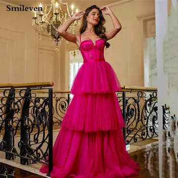 Smileven Модные Ярко-розовые платья для выпускного вечера трапециевидной формы, Пляжное многоуровневое платье в пол, милое вечернее платье для вечеринок 2023 г.