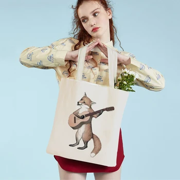 Мультяшная белка, кролик, Лиса, Гитарная музыка, повседневные женские сумки для покупок, холщовая сумка для покупок в супермаркете с животными, Многоразовая сумка-тоут