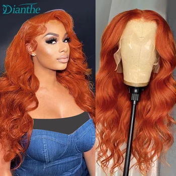 Оранжево-рыжий парик с кружевом спереди, объемная волна из человеческих волос 13x4, Прозрачный парик с кружевом спереди Для женщин, предварительно выщипанный 180% плотностью Dianthe