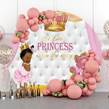 Изголовье кровати Розовая принцесса Круглый фон для фотосъемки Блестящая бриллиантовая корона Баннер для вечеринки по случаю Дня рождения девушки Фон для фотостудии