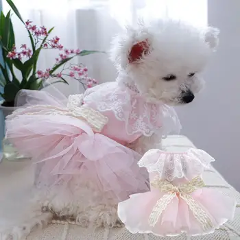 Dog Dress Embroidery Lace Collar Lace-up Bowknot Dress Cat Dog Princess Tulle Hem Dress одежда для мелких собак