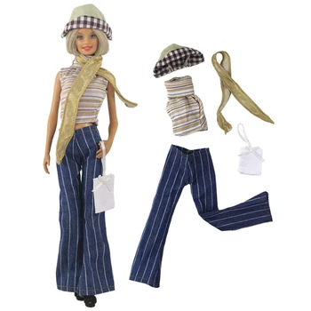 Модный комплект одежды для куклы Барби, полосатый топ, Синие Длинные брюки, Шляпа, кошелек, сумка, шарф, наряды 1/6, Аксессуары для кукольного домика, Детские игрушки