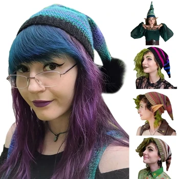Женская зимняя шапочка, милая шляпа ведьмы, вязаные шапки для девочек, украшения с длинным хвостом, вязаная шапка на Хэллоуин для подростков и взрослых