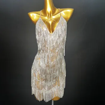 роскошные серебряные цепочки с кристаллами, Прозрачное платье с V-образным вырезом и открытой спиной, модный дизайнерский костюм с камнями, прозрачный наряд, костюм