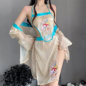 Эротическое нижнее белье с вышивкой, китайский древний женский наряд, Сексуальное женское белье, необычное платье для косплея, сексуальные сетчатые кружевные ночные рубашки с цветочным рисунком
