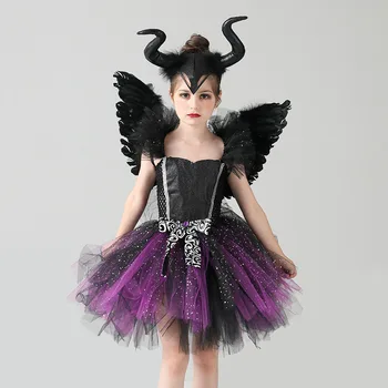 Платье-пачка злой темной феи-ведьмы для девочек с рогами и крыльями, блестящий детский костюм для косплея на Хэллоуин, нарядное платье злого дьявола
