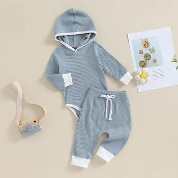 Одежда для новорожденных девочек и мальчиков с капюшоном в рубчик и длинными рукавами, Ползунки, длинные брюки, осенне-зимняя одежда из 2 предметов