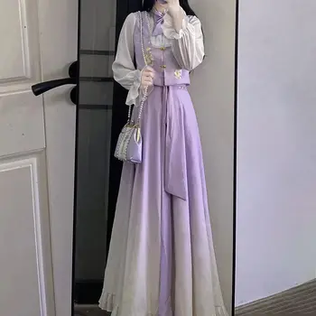 2024 китайская династия Мин для женщин hanfu женская оригинальная улучшенная рубашка с воротником-стойкой, плиссированная юбка, повседневный фиолетовый ретро комплект hanfu