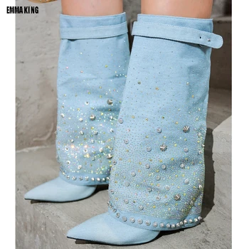 Синий деним, сапоги до колена на тонком каблуке с кристаллами, туфли на шпильке для ночного клуба, острый носок, Модная женская обувь для подиума Botas Mujer 44