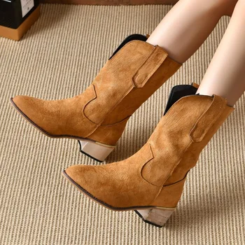 Женская обувь, женские сапоги до колена без застежки, туфли на среднем квадратном каблуке с острым носком, женские современные однотонные женские ботинки на каблуке