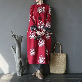 Осень 2024 года, платье с принтом в виде диска и пуговиц в китайском стиле, зимнее флисовое утолщенное модифицированное платье чонсам с цветочным принтом ципао