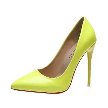 2023 Весенние туфли-лодочки на очень высоком каблуке-шпильке 12 см, женская обувь с острым носком, Флуоресцентная офисная обувь из лакированной кожи на тонком каблуке