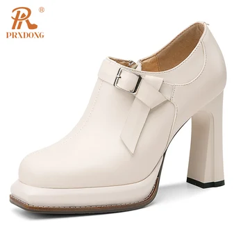 PRXDONG/ весенне-осенняя обувь из натуральной кожи, женские туфли-лодочки на высоком каблуке и платформе, черное бежевое платье, вечерние офисные женские туфли-лодочки, Размер 34-39