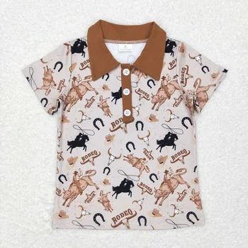 Оптовая продажа, Детская Рубашка-поло с короткими рукавами для маленьких мальчиков, футболка для малышей, Вестерн-Родео, Коричневая футболка с лацканами и пуговицами, Летняя одежда