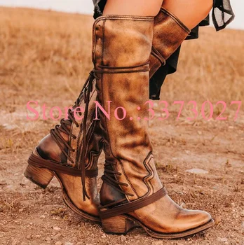 Классические женские длинные сапоги коричневого цвета на шнуровке, модные ковбойские сапоги до колена на массивном каблуке, пикантная повседневная обувь, прямая поставка