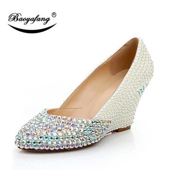 BaoYaFang/ Женские свадебные туфли на высокой танкетке, белые жемчужные бусы, обувь для невесты, Модная женская обувь для вечеринок с острым носком, женская обувь