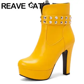 REAVE CAT/ Новые Женские Ботинки с голенищем 13,5 см, круглым носком, на платформе 2,5 см, на Высоком каблуке 12 см, с застежкой-молнией и заклепками, Большие Размеры 34-50, Однотонные, Для зрелых S4223