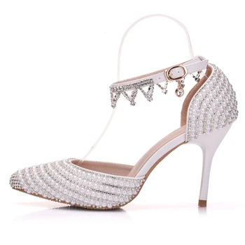 Белый для новобрачных свадебные свадебная обувь Мода острым носом сандалии женщина, платье партии обувь лодыжки ремень тонкие каблуки насосы 9см