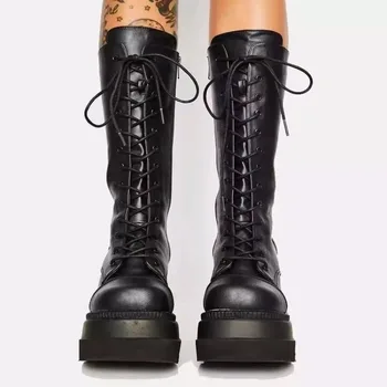 Женская обувь большого размера 43, Новинка 2023 года, женские ботинки на шнуровке, женские сапоги до колена на платформе с круглым носком, зимняя модная обувь для вечеринок в стиле панк