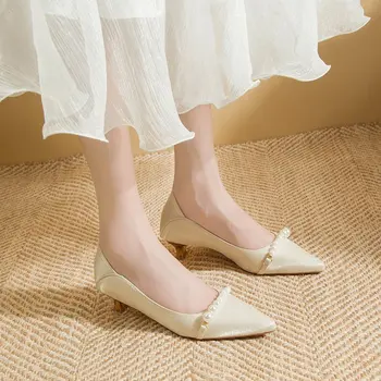 Французские вечерние тонкие туфли, женские жемчужные туфли на толстом каблуке, остроносые туфли для подружки невесты, свадебные туфли на высоком каблуке, женские туфли на среднем каблуке Fairy