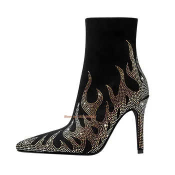 Женские ботильоны из черной кожи, модная зимняя обувь из флока со стразами, короткие ботинки на высоком каблуке с острым носком