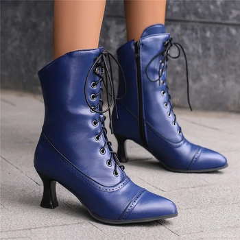 2023 Новые женские туфли на высоком каблуке со шнуровкой, странные ботильоны в стиле стимпанк, Викторианские ботильоны, женские короткие ботинки с острым носком на толстой подошве