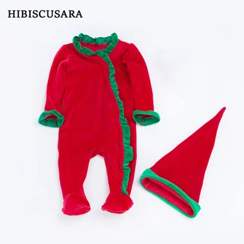 Рождественская детская одежда, Бархатный комбинезон, комбинезон на ножках для новорожденных, Красная Рождественская одежда, пижама, Остроконечная шляпа Санта
