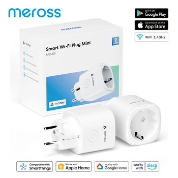 Meross 2 упаковки 16A Matter Smart WiFi EU/UK Plug с функцией таймера Energy Monitor Поддержка Apple Homekit Google Alexa Smartthings