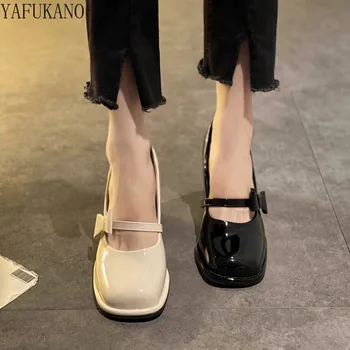 Тонкие туфли из лакированной кожи на высоком каблуке в стиле ретро, Новинка 2023 года, дизайн французского бренда, женские туфли-лодочки с квадратным носком, Кожаные туфли Mary Jane