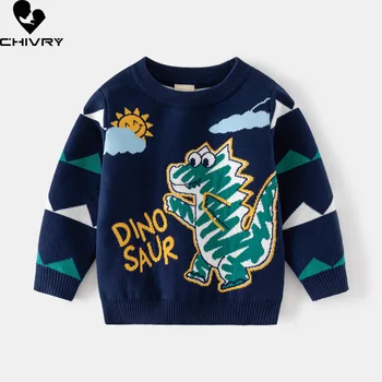 Новый осенне-зимний пуловер с круглым вырезом для маленьких мальчиков, свитер с милым мультяшным динозавром, жаккардовый Теплый вязаный джемпер, свитера, топы
