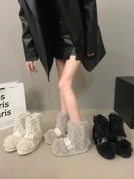 Зимние ботинки для женщин зимой Плюшевые и утолщенные, 2023, Новый Нишевый дизайн, обувь из северо-восточного хлопка на нескользящей толстой подошве
