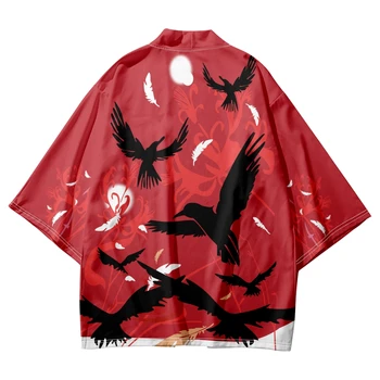 Красное Кимоно с принтом Вороны в японском стиле, Кардиган, рубашка для косплея, 2023, Женская Мужская Пляжная Юката, Традиционный топ Хаори