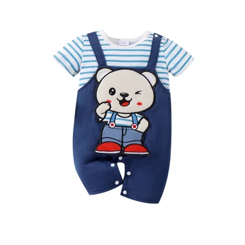 Комбинезон для маленьких мальчиков и девочек с вышивкой Медведя, короткий рукав, поддельные комбинезоны-двойки для малышей, боди, летняя одежда