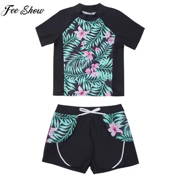 Детский купальник из двух частей с цветочным принтом для девочек, топ с коротким рукавом и шорты на завязках, летняя пляжная одежда, купальники, купальные костюмы