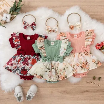 Боди-ползунки для новорожденных, комбинезон с коротким рукавом, одежда в цветочек