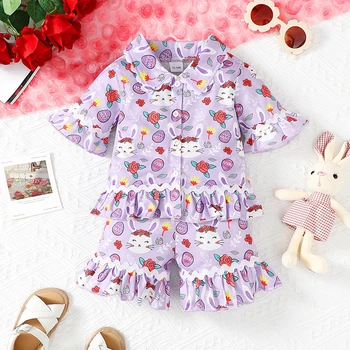 Пасхальный наряд для маленькой девочки с кроликом и яйцом, рубашка на пуговицах с отворотом, шорты, комплект с коротким рукавом с оборками