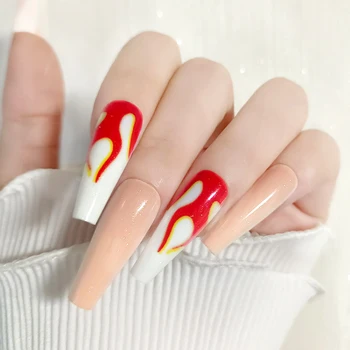 24 шт., длинный пресс на ногтях, Милый дизайн красного пламени, накладные ногти с клеем, полное покрытие, искусственные для женщин и девочек SAL99
