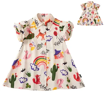 Детская одежда, платье для маленьких девочек, летнее хлопковое платье-рубашка с граффити, детская рубашка, юбка на пуговицах, Vestidos от 2 до 8 лет