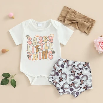 Модная летняя одежда для маленьких девочек, комбинезон с короткими рукавами и буквенным принтом, эластичные шорты радужной расцветки, повязка на голову, Повседневная одежда для малышей