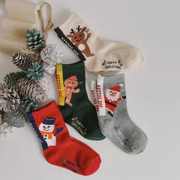 Осенне-зимние детские носки в новом рождественском стиле с мультяшным Санта-Клаусом, оленями, Снежным приливом, Детские дышащие хлопчатобумажные носки
